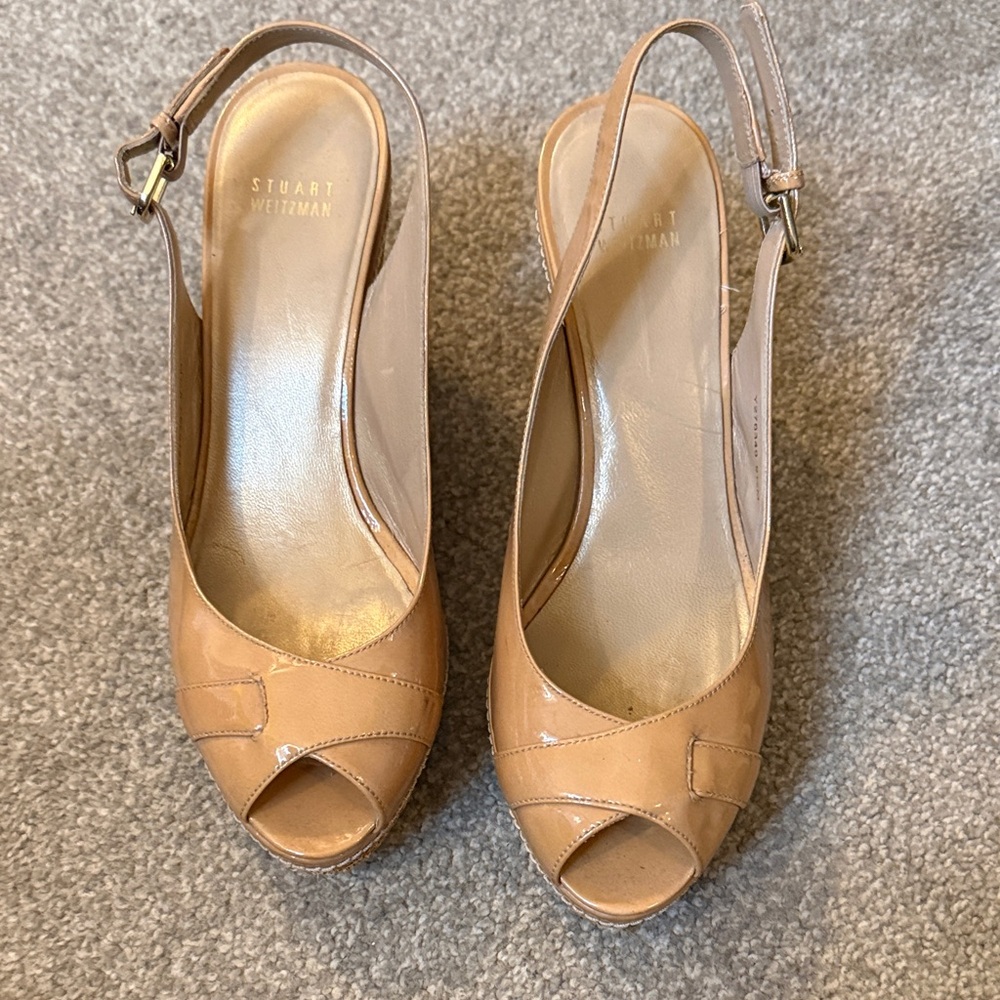Stuart Weitzman Beige Peep-Toe Slingback Heels